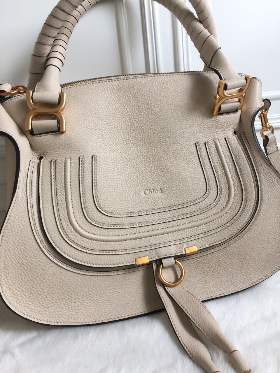 Chloe Large Marcie Bag In Vegetal Beige Grained Leather